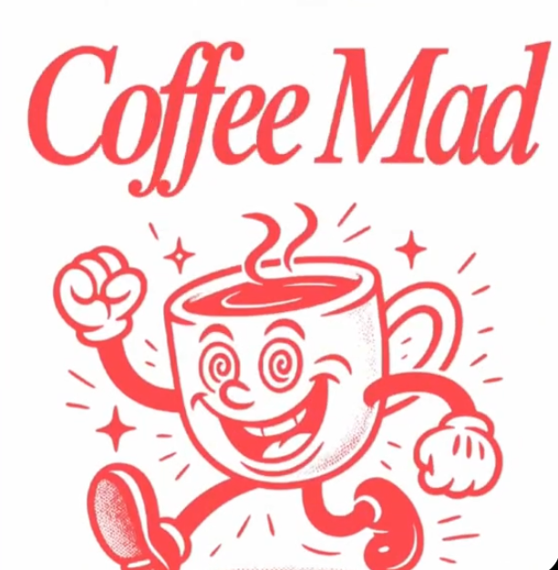 Mascota de taza de café para la marca Coffee Mad, editada en Canva